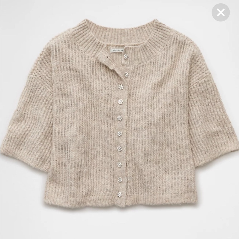 AE Short-Sleeve Crew Neck Cropped Cardigan